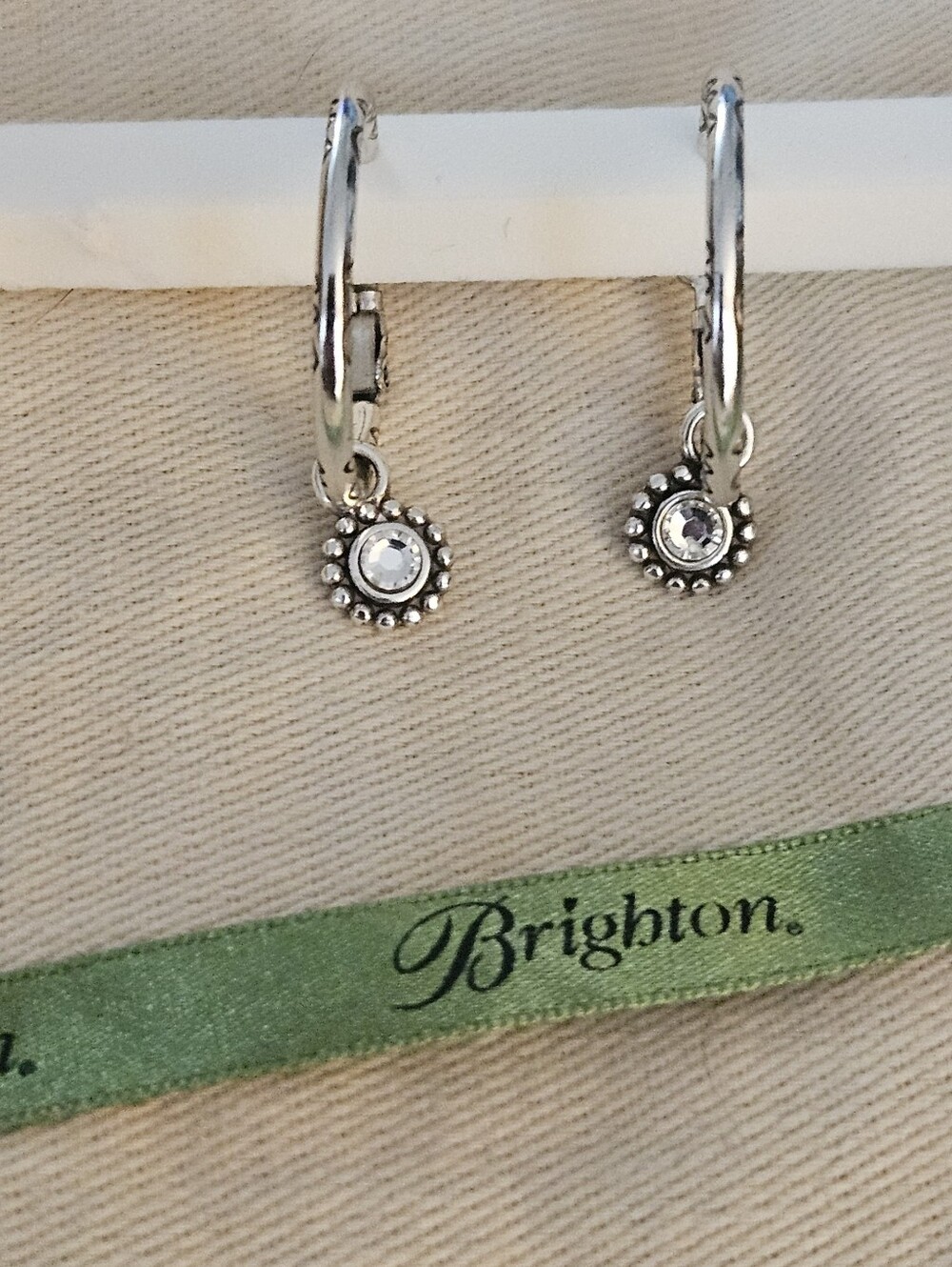 Brighton Silver Crystal Drop Hoop Earrings in Silver